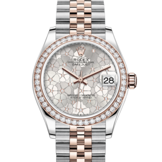 replica Rolex Datejust 31 Oyster 31 mm Oystersteel Everose gold and diamonds Silver floral motif dial M278381RBR-0032