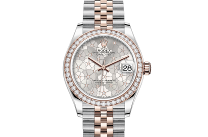 replica Rolex Datejust 31 Oyster 31 mm Oystersteel Everose gold and diamonds Silver floral motif dial M278381RBR-0032
