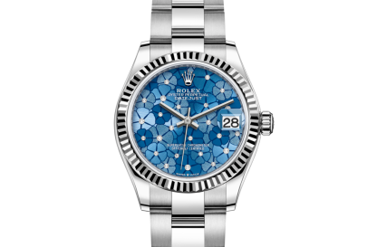 replica Rolex Datejust 31 Oyster 31 mm Oystersteel and white gold Azzurro blue floral motif dial M278274-0035