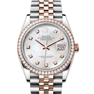 replica Rolex Datejust 36 Oyster 36 mm Oystersteel Everose gold and diamonds White dial M126281RBR-0009