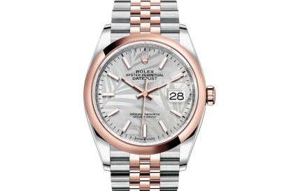 replica Rolex Datejust 36 Oyster 36 mm Oystersteel and Everose gold Silver palm motif dial M126201-0031