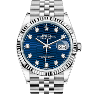 replica Rolex Datejust 36 Oyster 36 mm Oystersteel and white gold Bright blue fluted motif dial M126234-0057