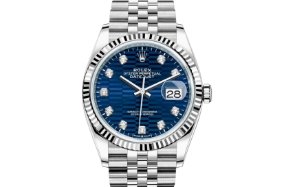 replica Rolex Datejust 36 Oyster 36 mm Oystersteel and white gold Bright blue fluted motif dial M126234-0057