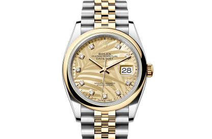 replica Rolex Datejust 36 Oyster 36 mm Oystersteel and yellow gold Golden palm motif dial M126203-0043