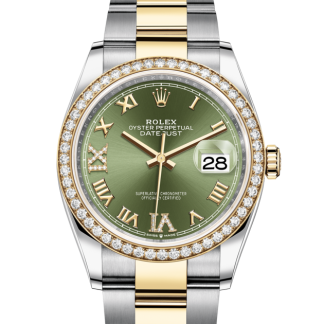 replica Rolex Datejust 36 Oyster 36 mm Oystersteel yellow gold and diamonds Olive green dial M126283RBR-0012
