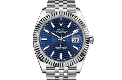 replica Rolex Datejust 41 Oyster 41 mm Oystersteel and white gold Bright blue fluted motif dial M126334-0032