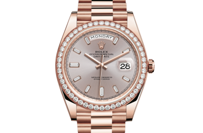 replica Rolex Day-Date 40 Oyster 40 mm Everose gold and diamonds Sundust dial M228345RBR-0007