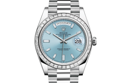 replica Rolex Day-Date 40 Oyster 40 mm platinum and diamonds Ice blue dial M228396TBR-0002