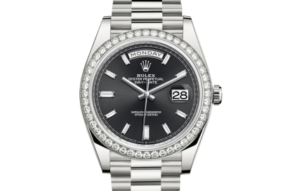 replica Rolex Day-Date 40 Oyster 40 mm white gold and diamonds Bright black dial M228349RBR-0003