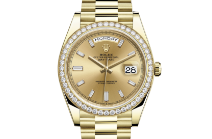 replica Rolex Day-Date 40 Oyster 40 mm yellow gold and diamonds Champagne-colour dial M228348RBR-0002
