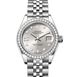 replica Rolex Lady-Datejust Oyster 28 mm Oystersteel white gold and diamonds Silver dial M279384RBR-0021