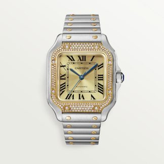 replica cartier Santos de Cartier watch Medium model 18K yellow gold steel diamonds CRW3SA0007