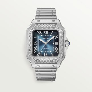 replica cartier Santos de Cartier watch Medium model steel diamonds blue dial CRW4SA0006